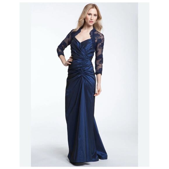 Tadashi Shoji Navy Blue Guipure Lace Taffeta draped long sleeve Gown Sz 14 Forma - Picture 2 of 13